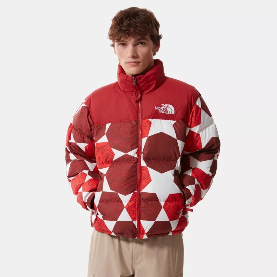 Red Firey The North Face Hommes Imprimé 1996 Rétro Nuptse Doudoune